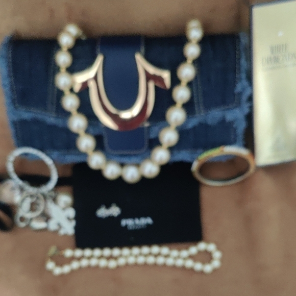 Denim Clutch with Gold Accent and Pearl Jewelry - Picture 11 of 16